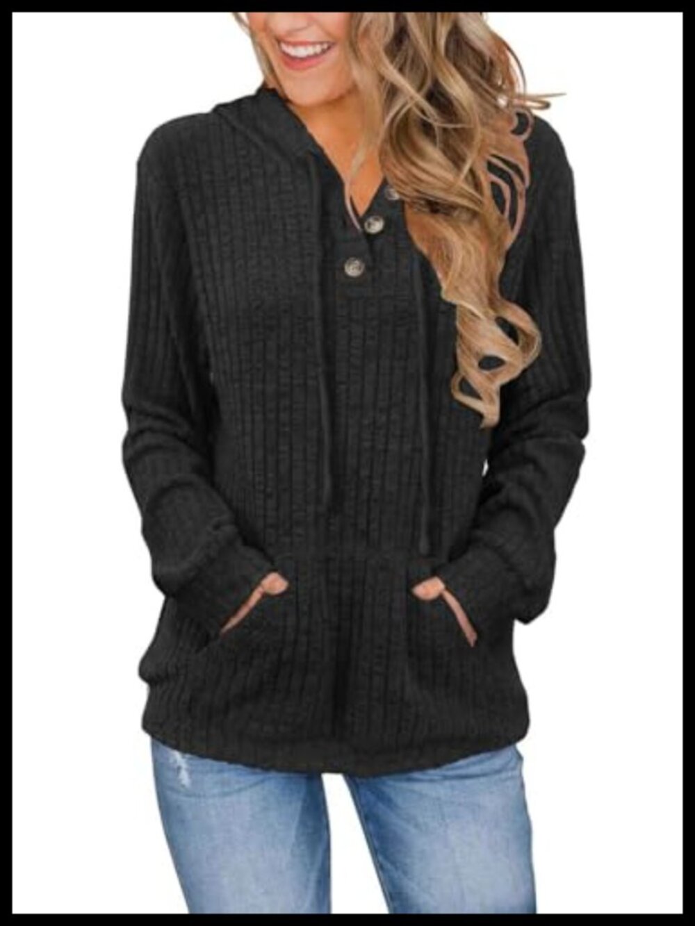 Womens Long Sleeve Hooded Sweater Pullover Button Neck Kangaroo Pocket Tunic